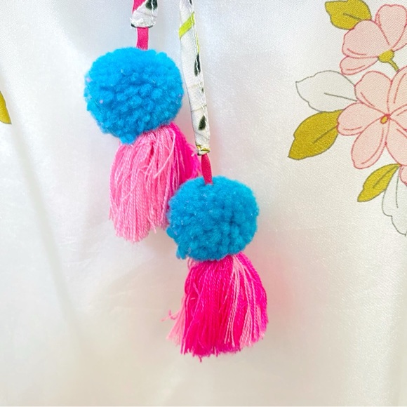 JOHNNY WAS white pink green floral print GALORE TASSEL TIE SILK PONCHO top - Picture 6 of 13